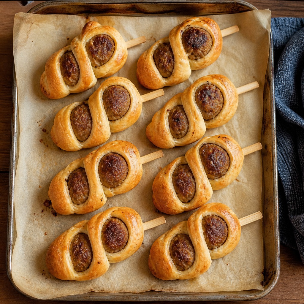 Golden baked meatball subs on a stick on a parchment lined baking sheet