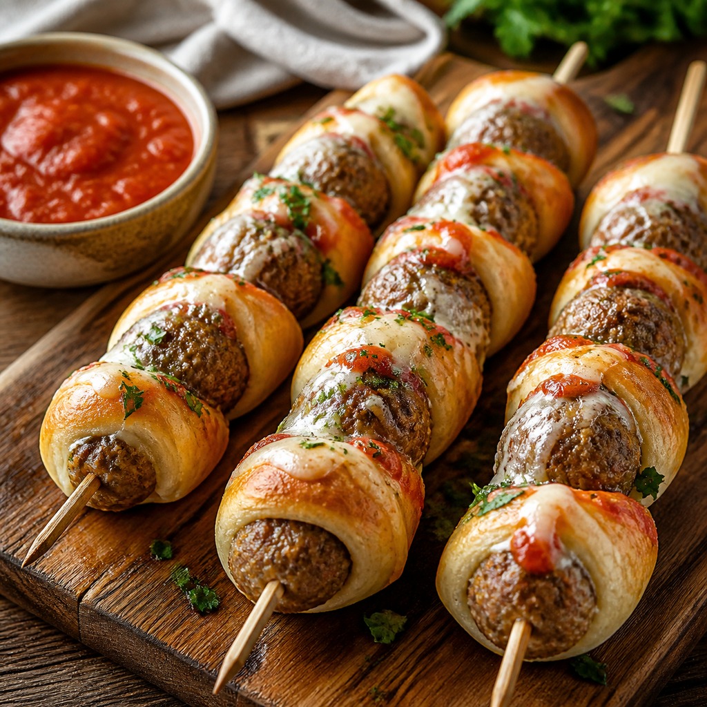 Finished meatball subs on a stick with melted mozzarella marinara and parsley