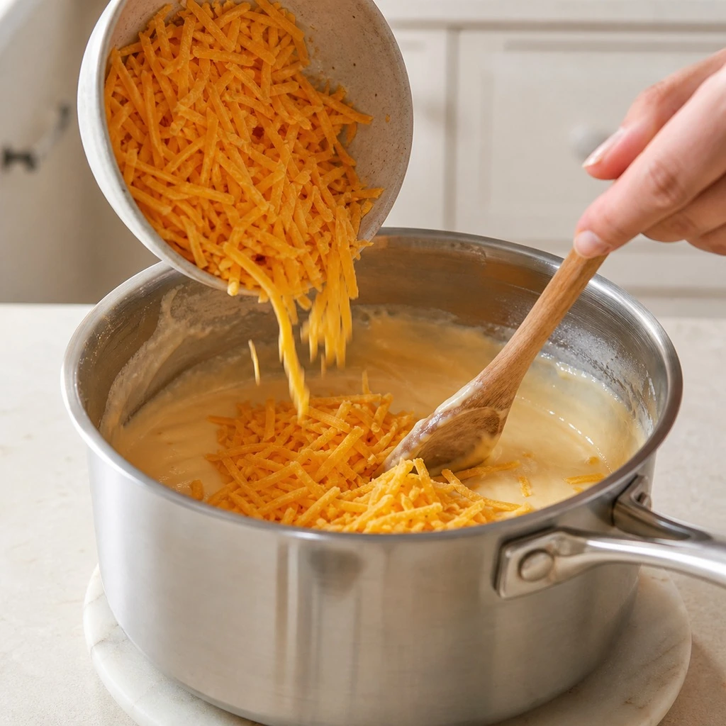 Freshly shredded cheddar being stirred into a smooth white sauce