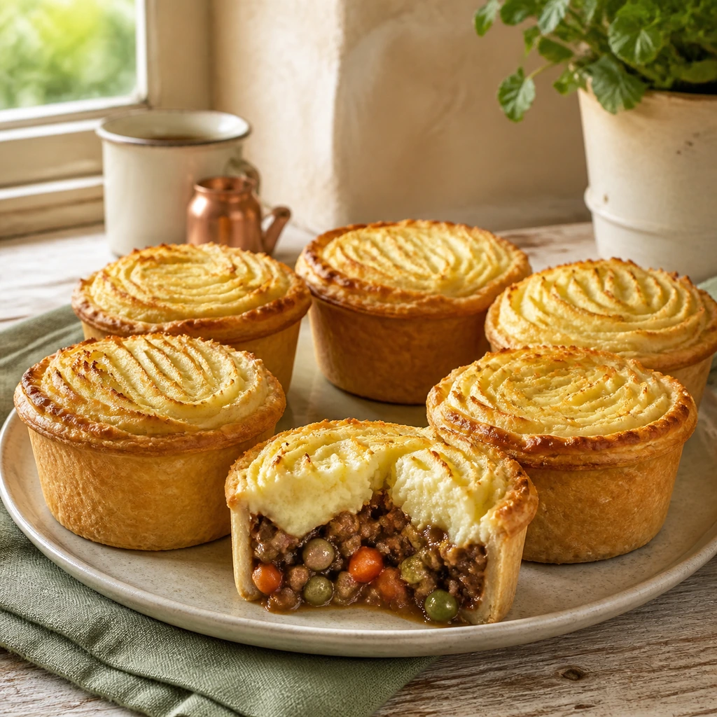 Mini shepherd's pot pies with a flaky pastry shell and savory lamb filling.