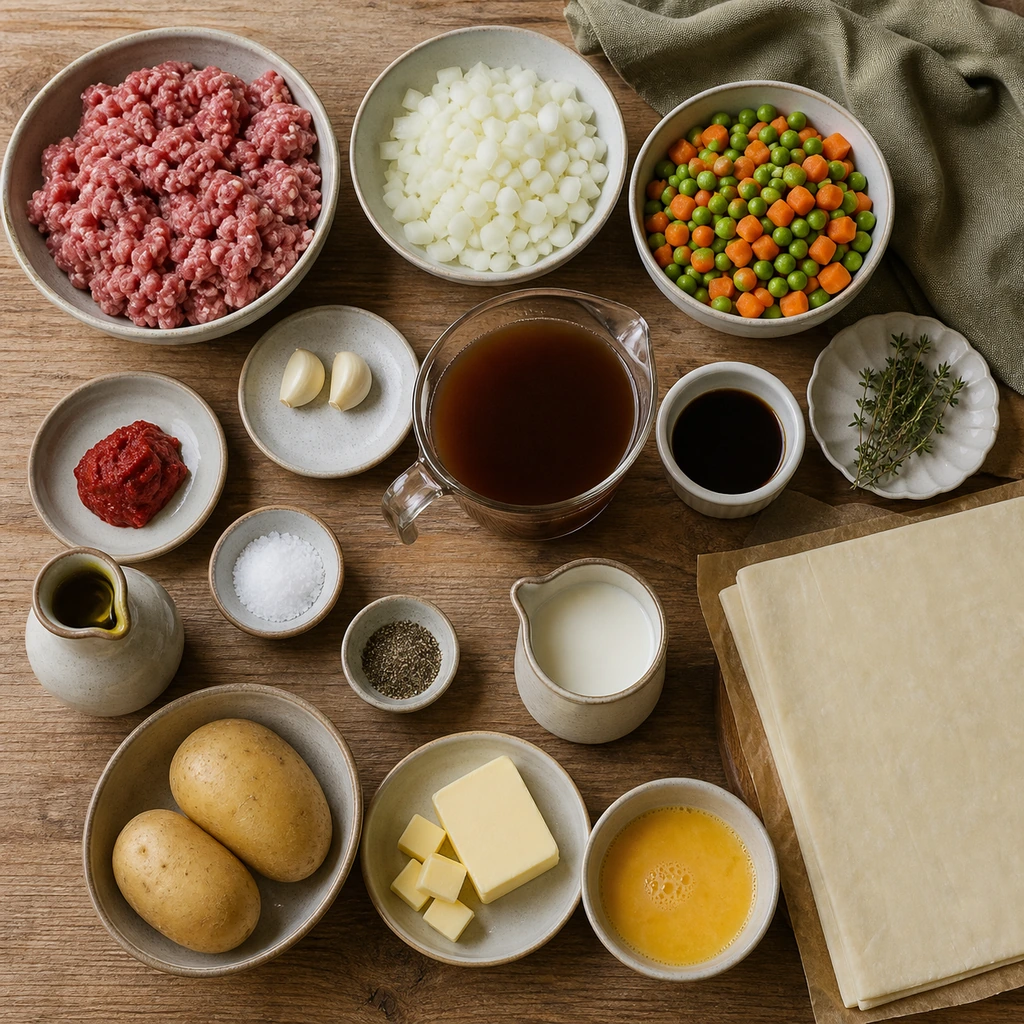 Ingredients for mini shepherd's pot pies arranged on a wooden table.