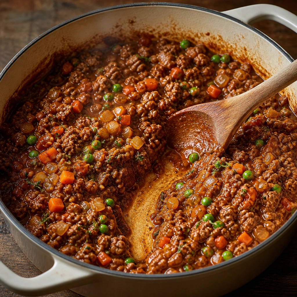 Thick lamb, pea, and carrot filling in a cream skillet.