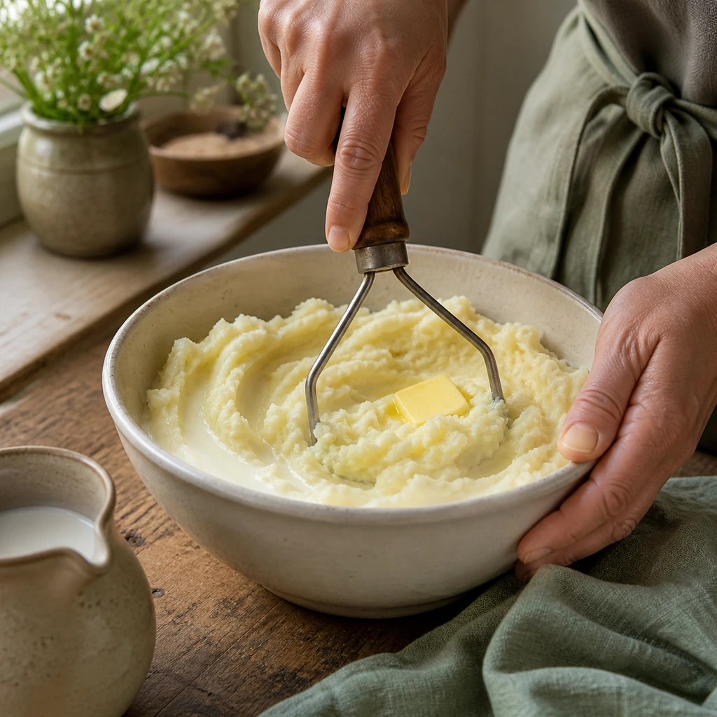 Creamy mashed potatoes finished with butter and milk.