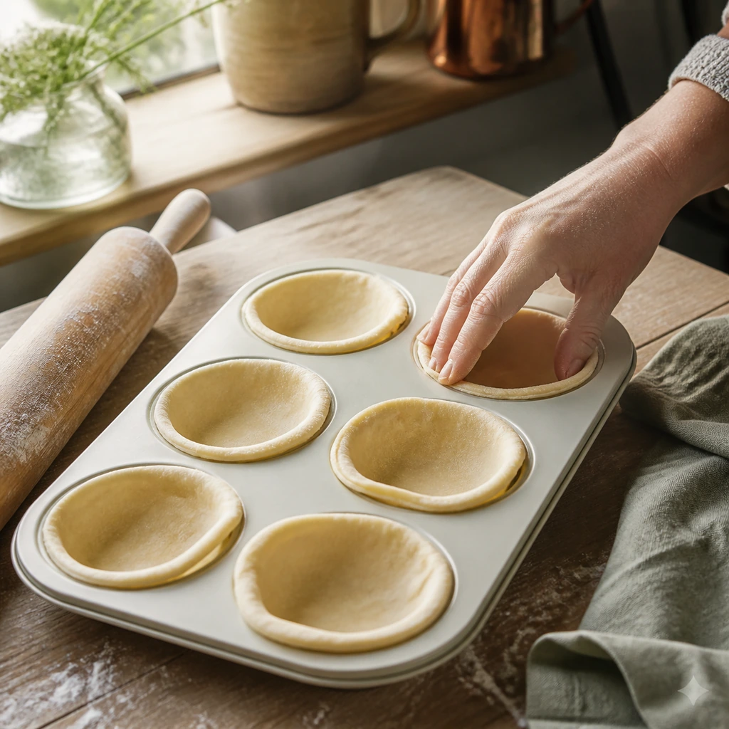 Six muffin cups lined with circles of puff pastry.