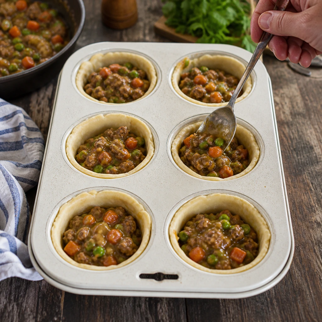 Savory lamb filling spooned into six pastry-lined muffin cups.