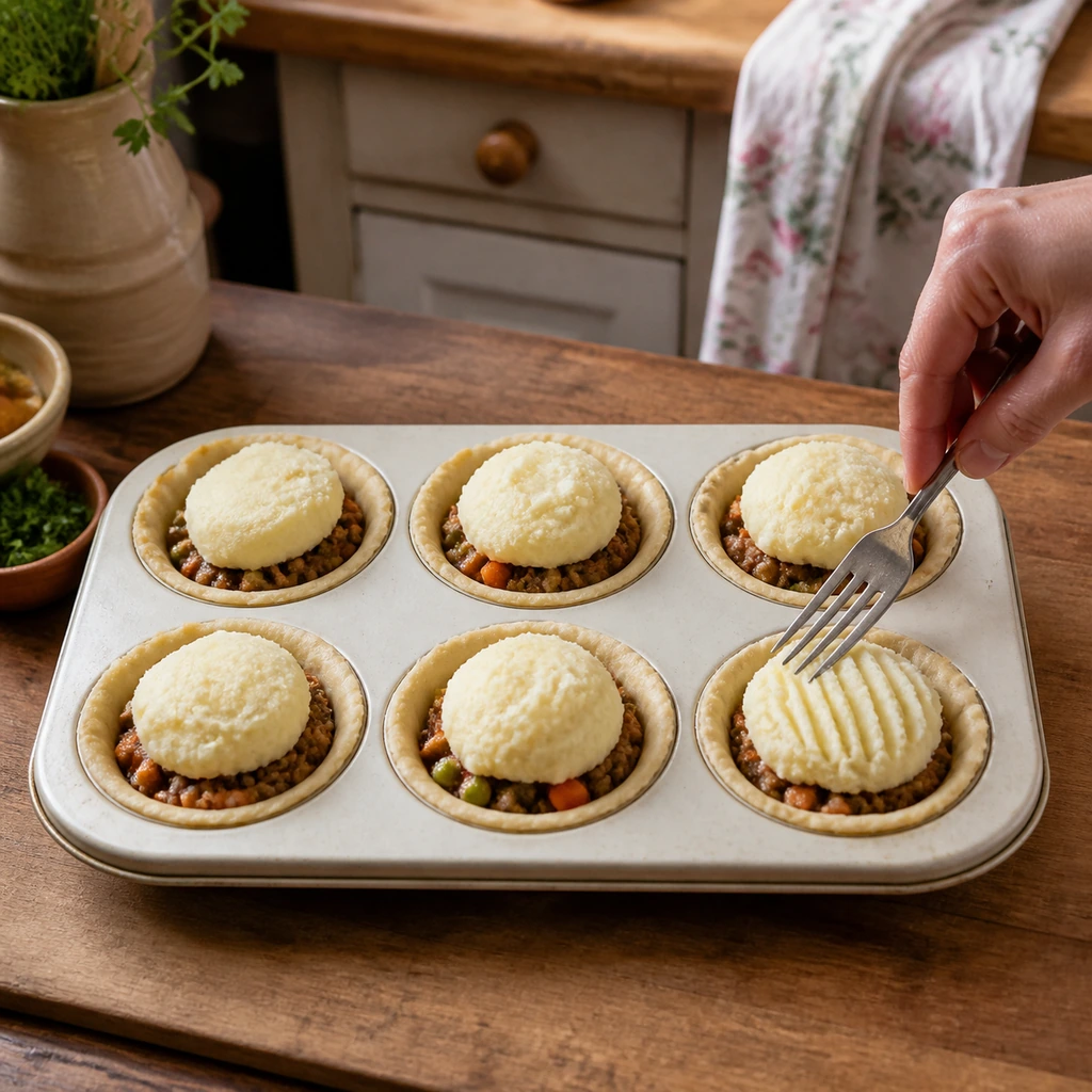 Six unbaked pot pies topped with mashed potato and fork ridges.