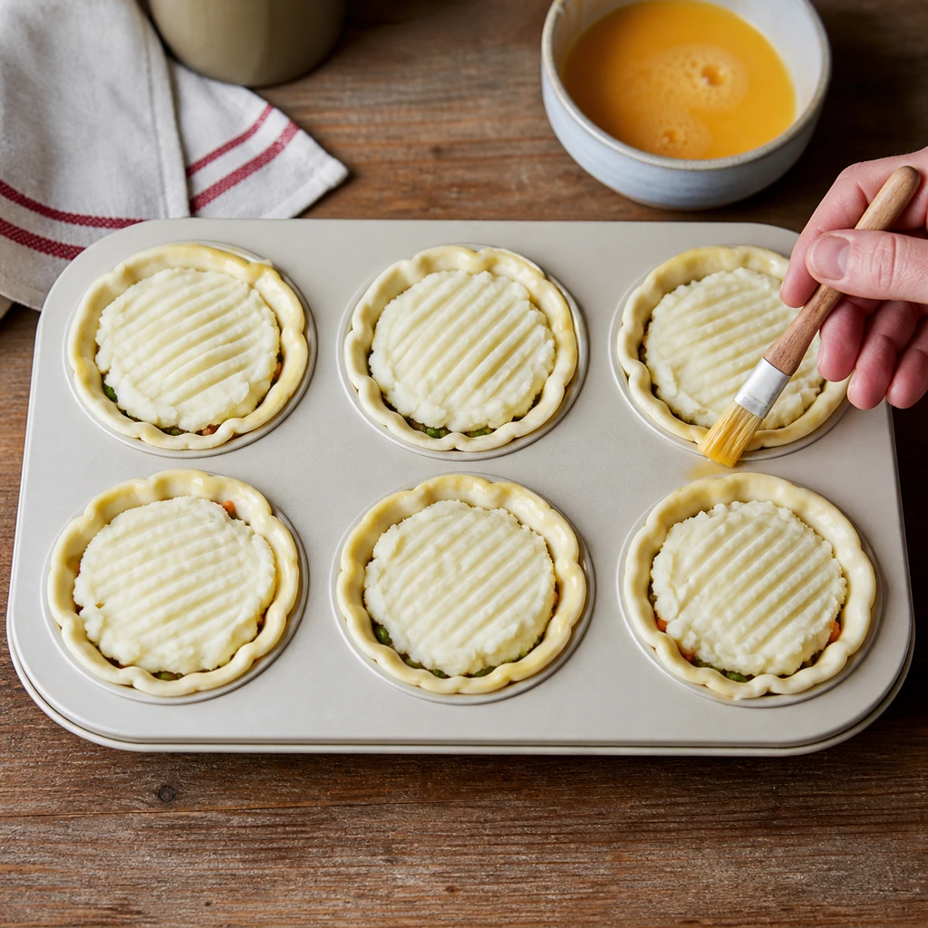 Egg wash brushed over the raw pastry rims before baking.
