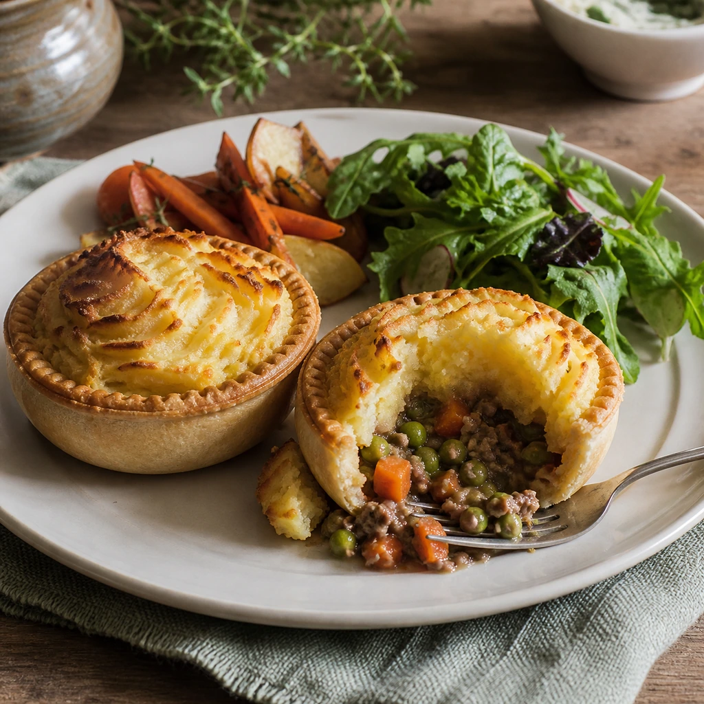 Two mini shepherd's pot pies served with salad and roasted vegetables.