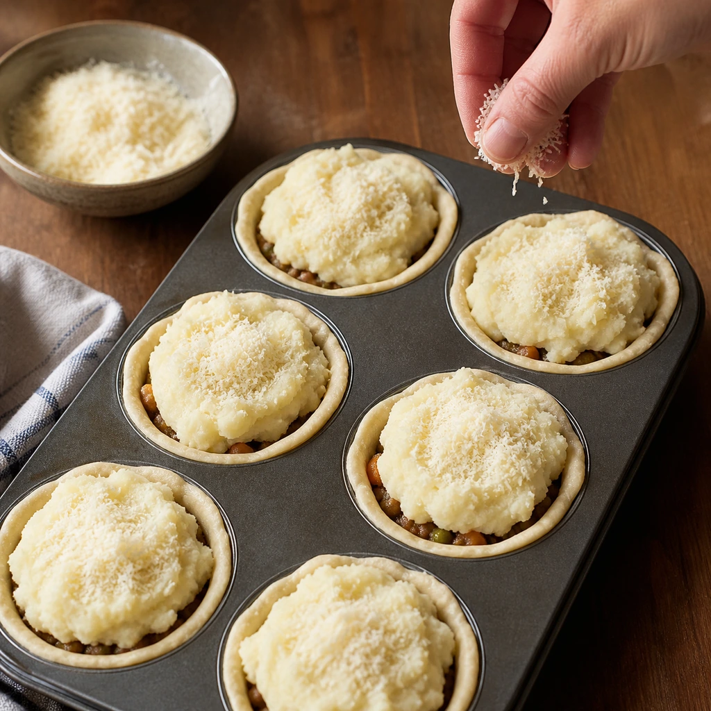 Parmesan sprinkled over six unbaked mashed-potato crowns.