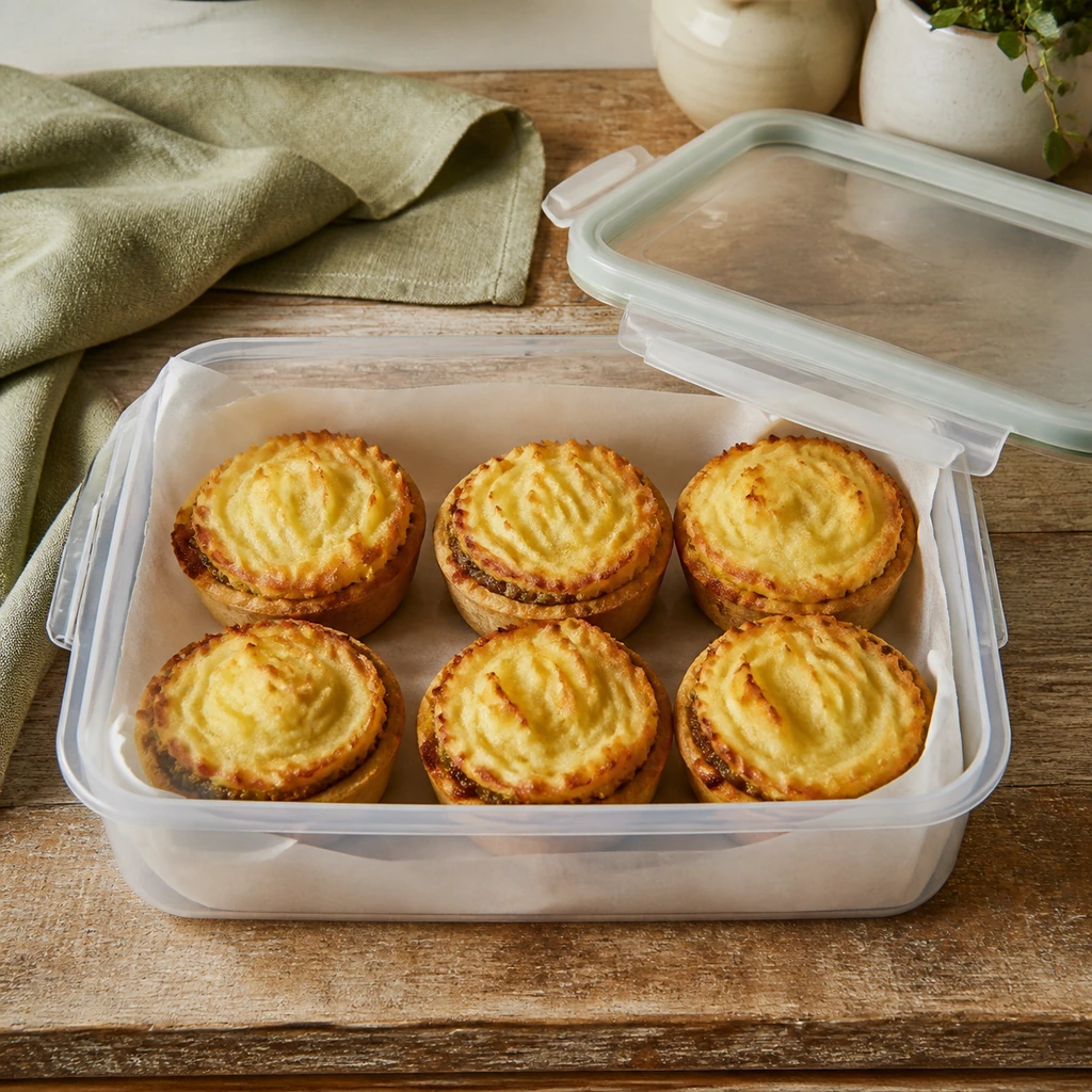 Six cooled mini shepherd's pot pies in a parchment-lined freezer container.