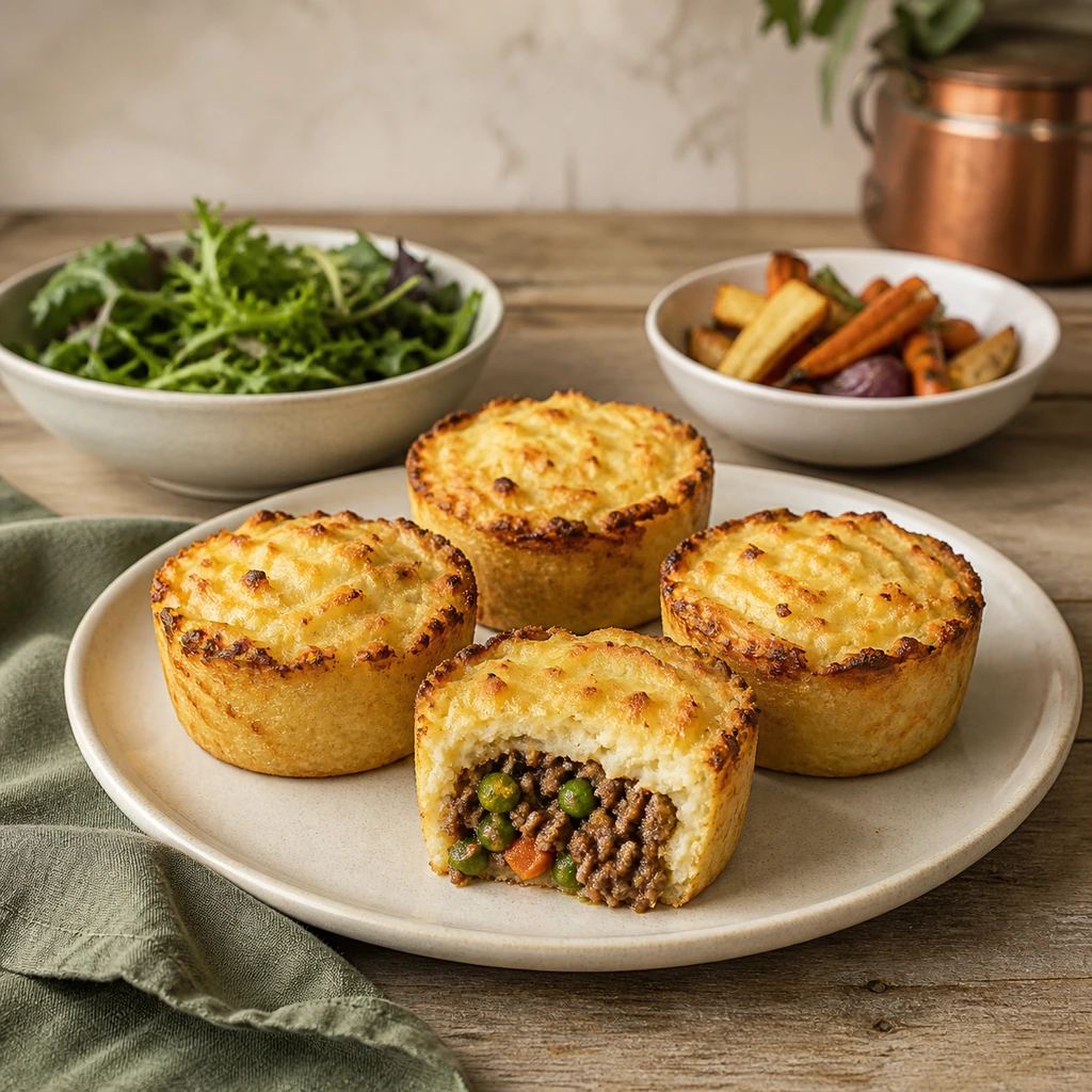 Four golden mini shepherd's pot pies with salad and roasted vegetables.