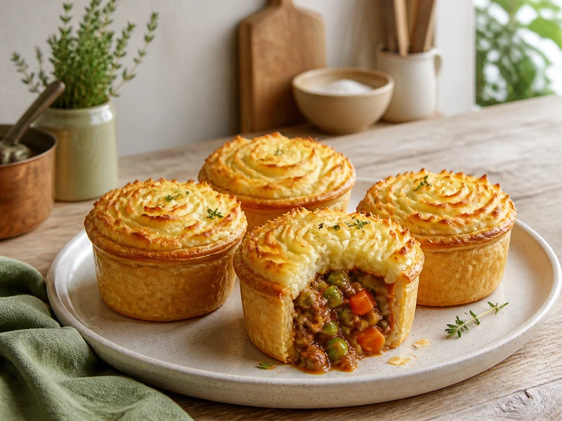 Four mini shepherd's pot pies with lamb peas carrots and mashed potato
