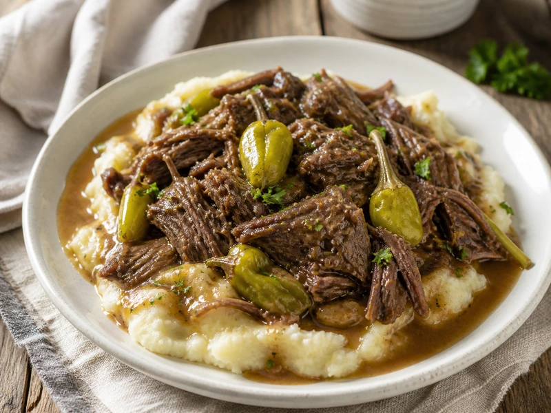 Mississippi pot roast served over mashed potatoes with pepperoncini