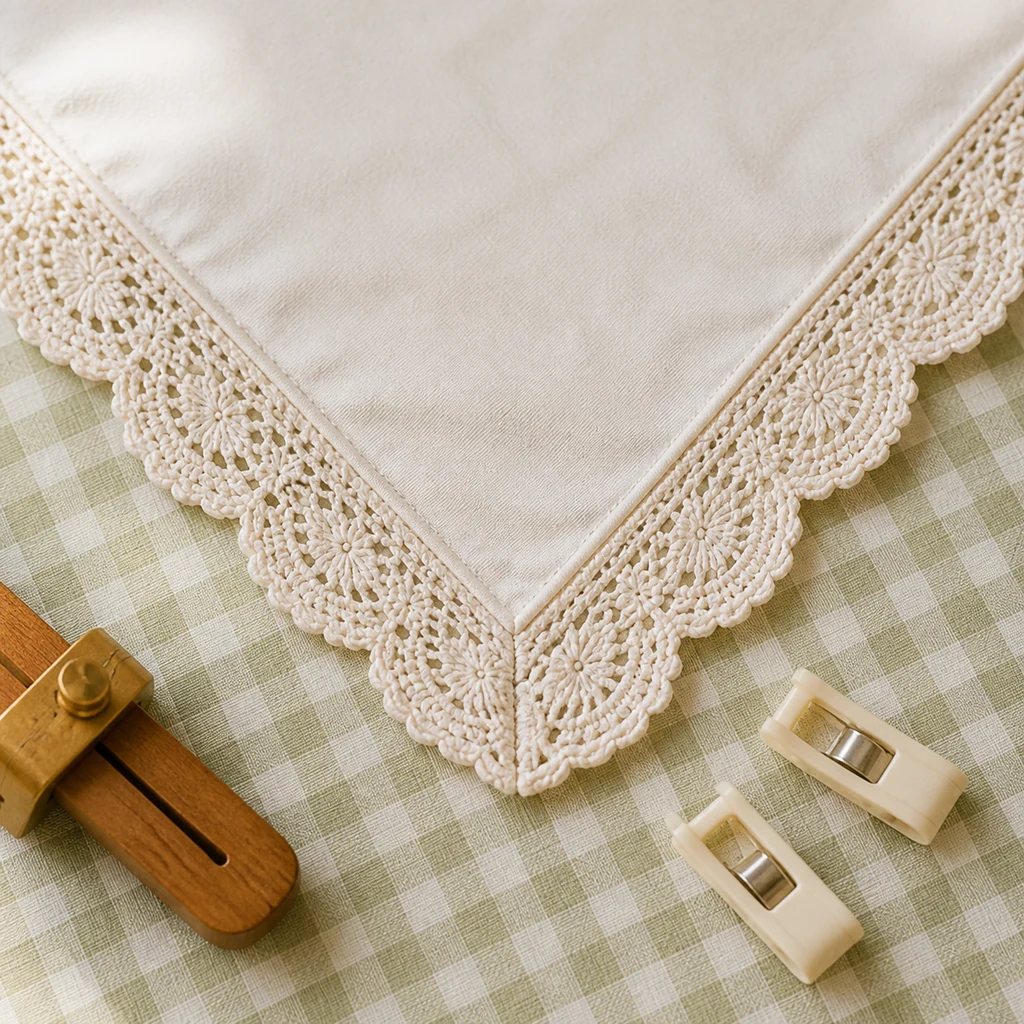 Mitered lace corner on a handmade ivory bandana