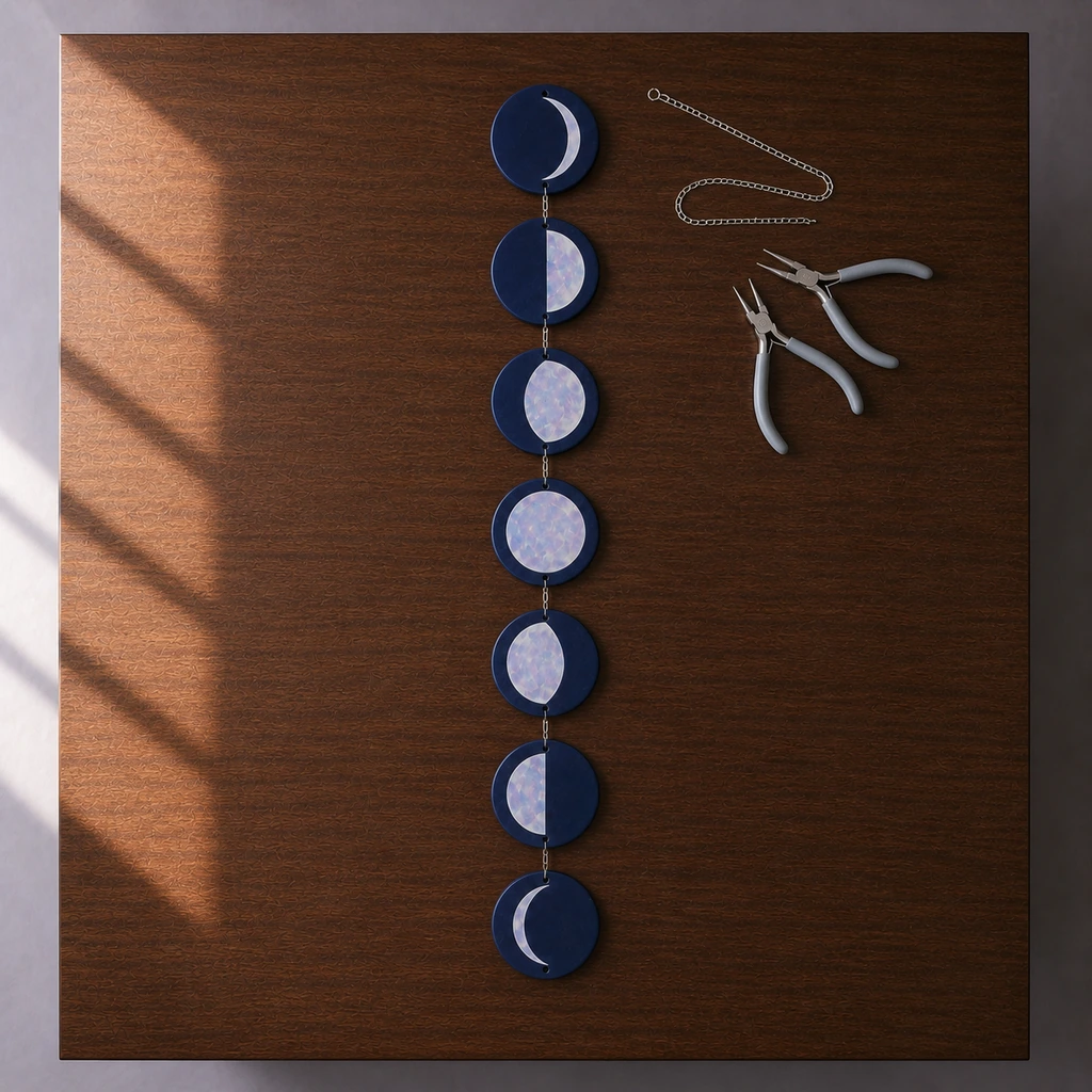 Seven moon phase discs connected with silver chain and jump rings