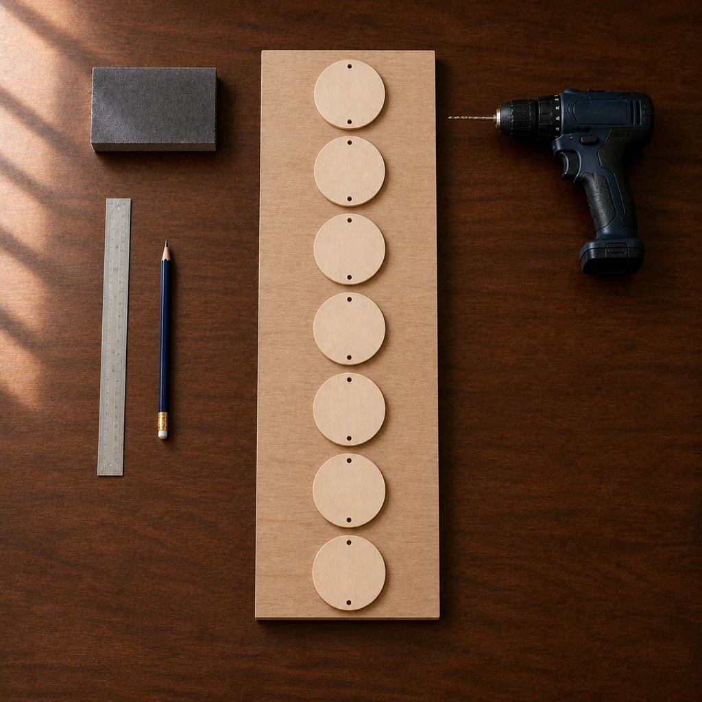 Seven basswood circles marked and drilled for moon phase decor