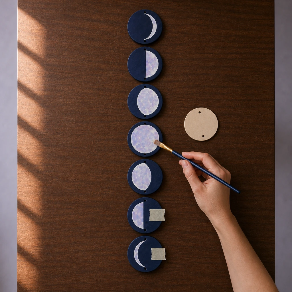 Midnight blue wood discs painted with pearlescent moon phases