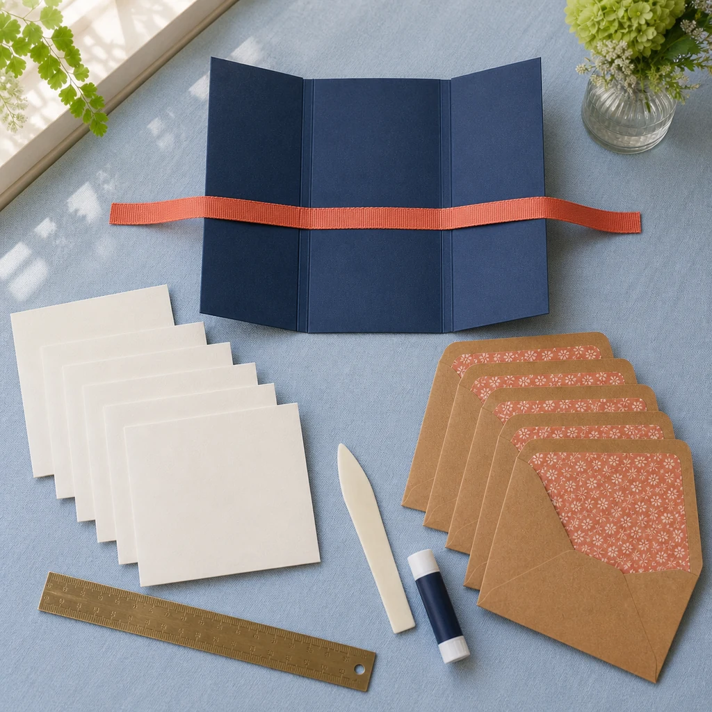 Navy cardstock folio holding cards and lined envelopes