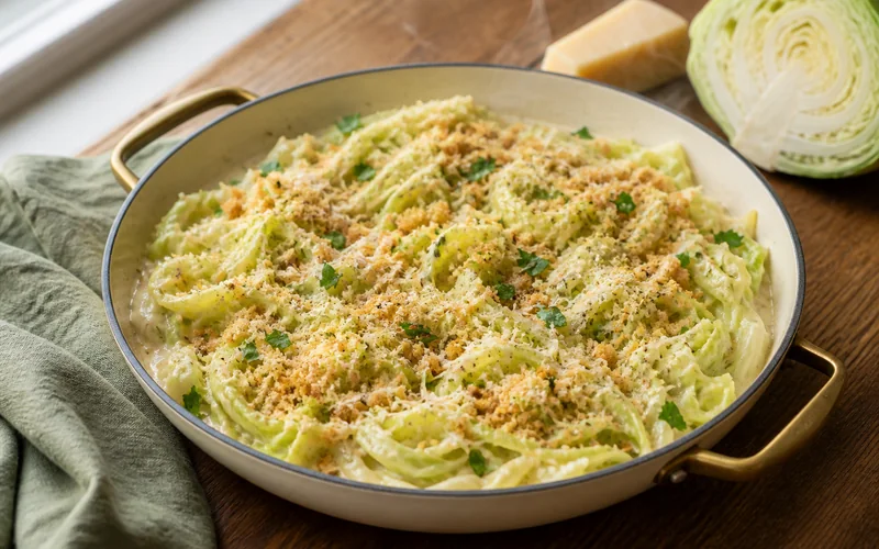 Creamy cabbage Alfredo with Parmesan and crispy garlic breadcrumbs in a cream skillet.