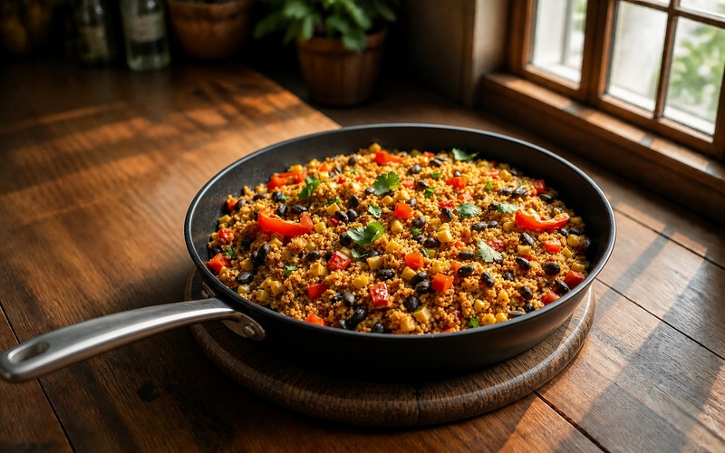 One pan Mexican quinoa in a black skillet with a long brushed-metal handle