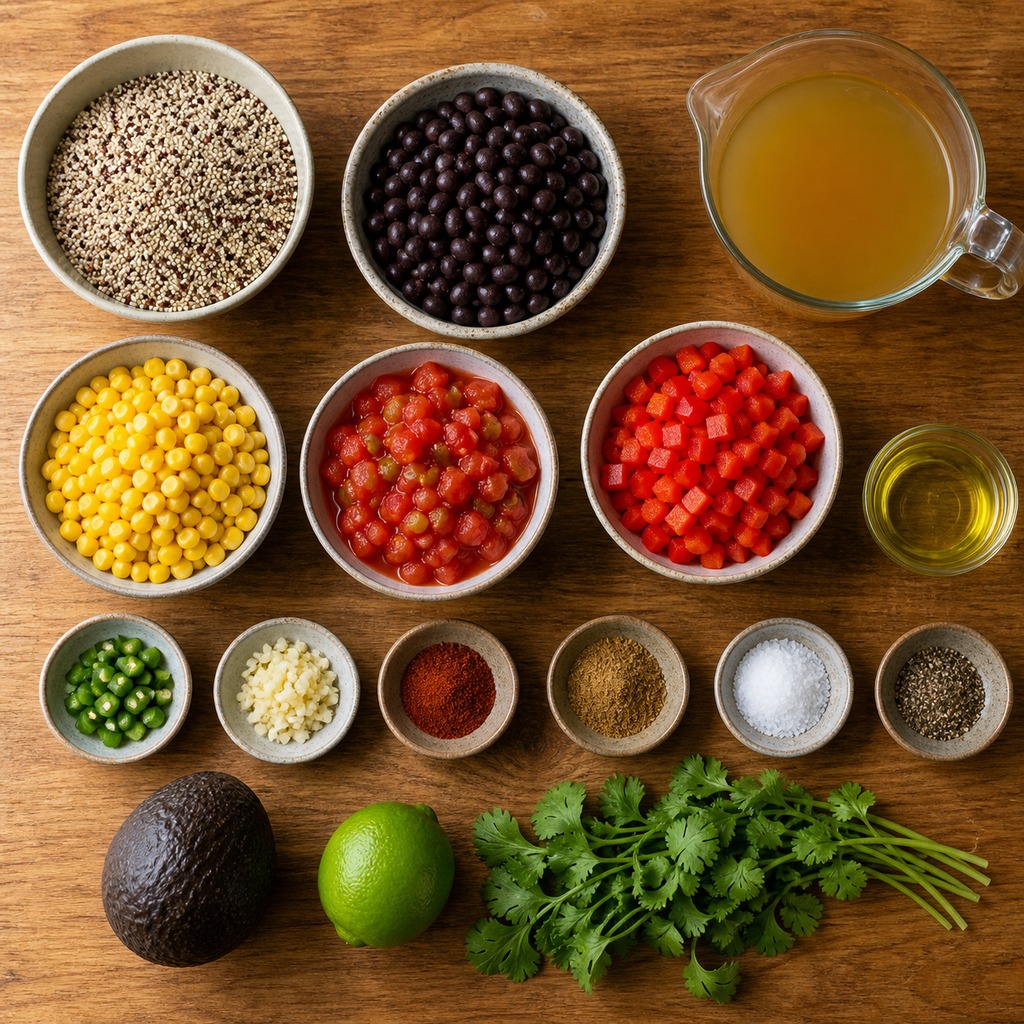 Ingredients for one pan Mexican quinoa arranged on a wooden worktop
