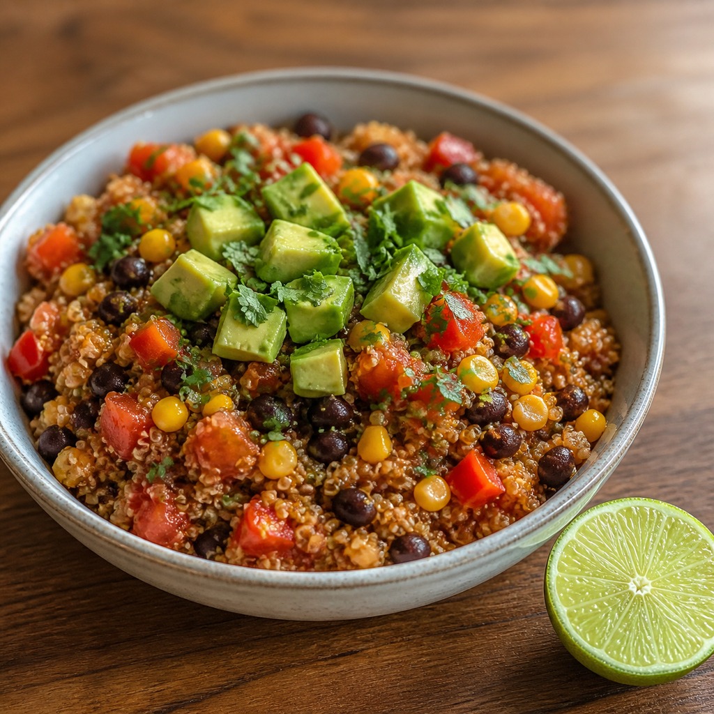 Finished Mexican quinoa topped with avocado, cilantro, and lime