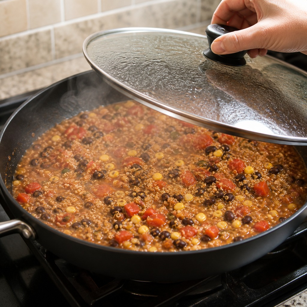 Mexican quinoa with black beans, corn, tomatoes, and bell pepper simmering in one skillet