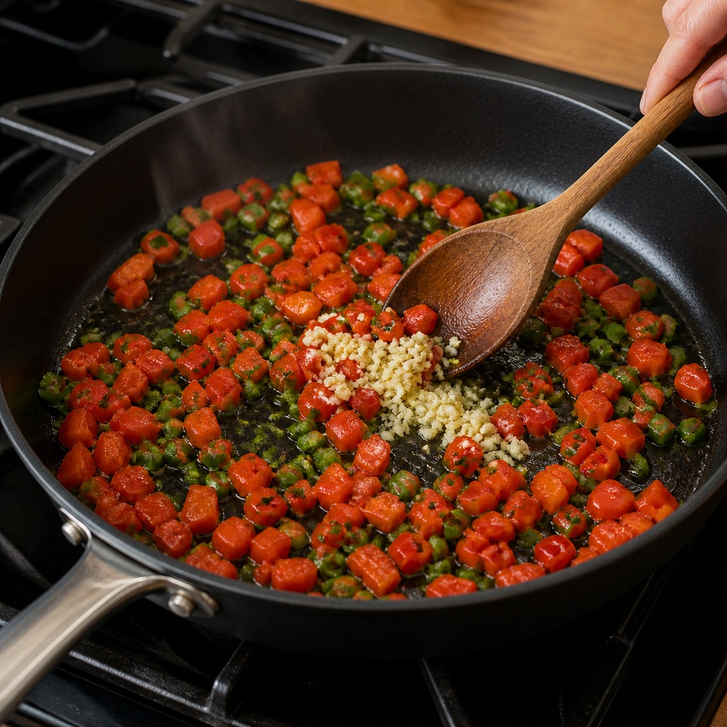 Diced red bell pepper and jalapeño sautéing with freshly added garlic in a consistent black skillet