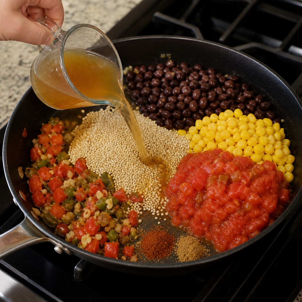 Vegetable broth being added to quinoa, black beans, corn, tomatoes, and spices in one skillet