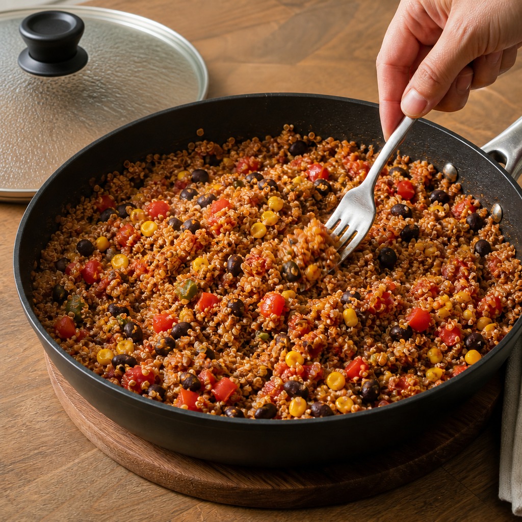 Cooked Mexican quinoa being fluffed in the same black skillet beside its glass lid