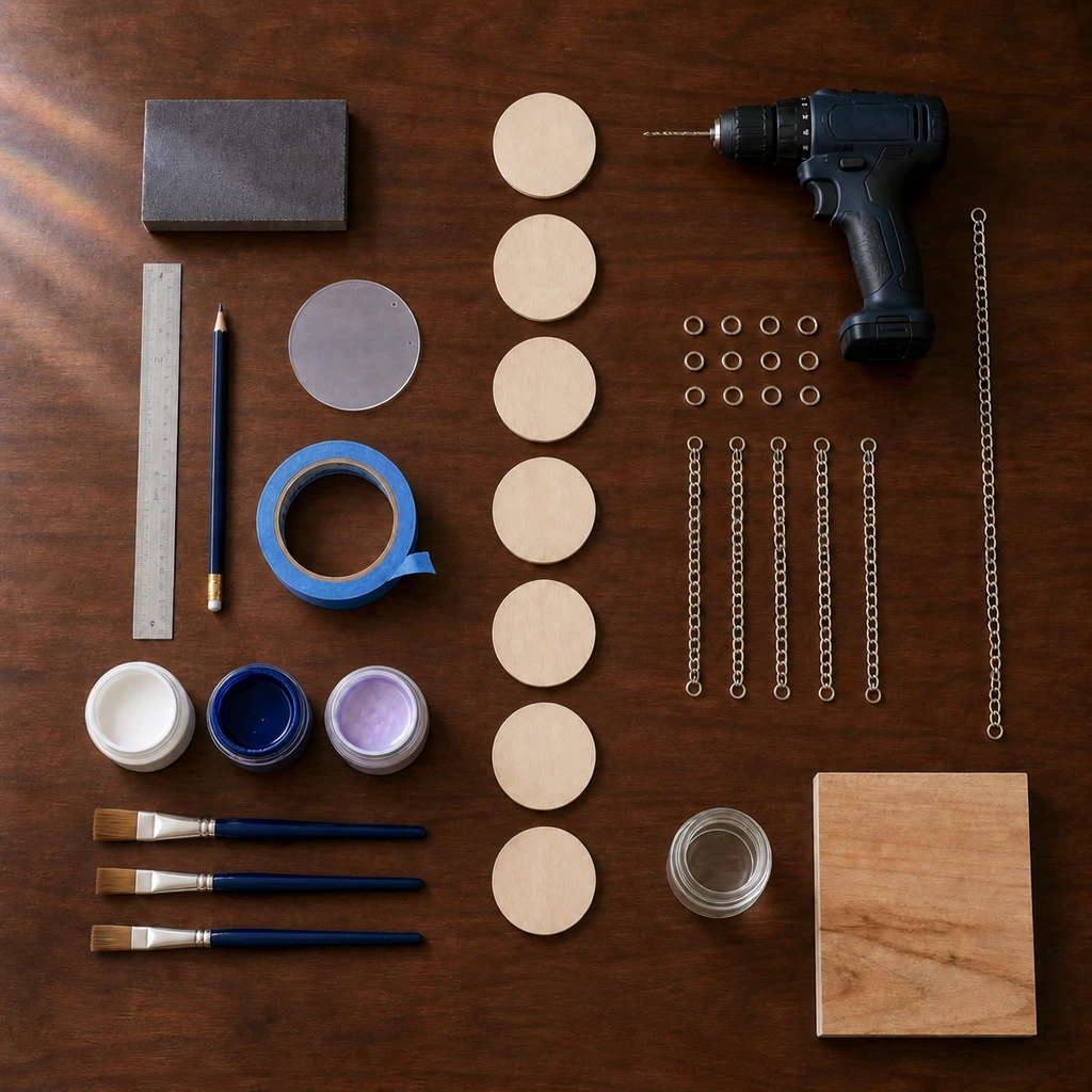 Materials for an opalescent moon phase wall hanging DIY