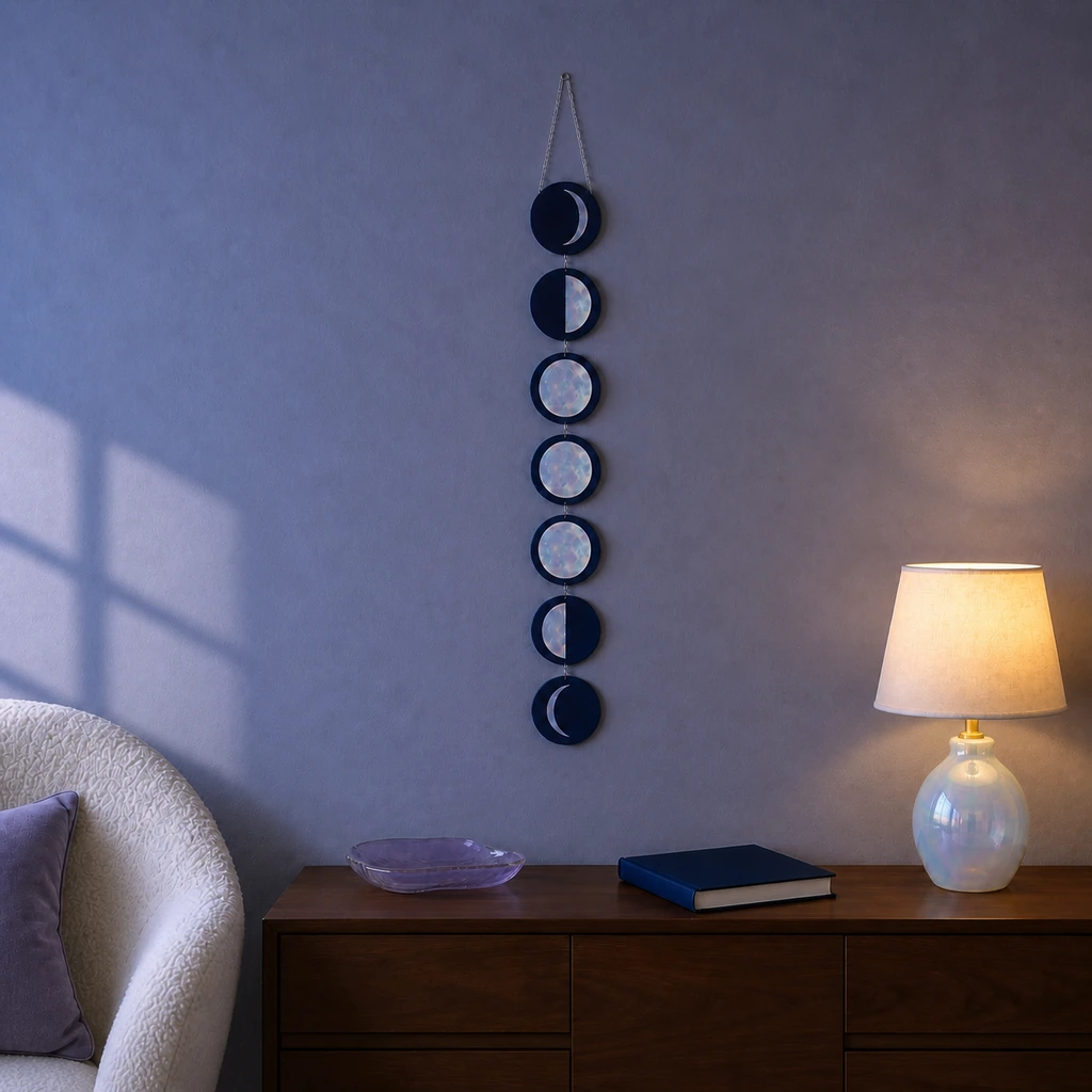 Opalescent moon phase wall hanging styled in a celestial reading nook