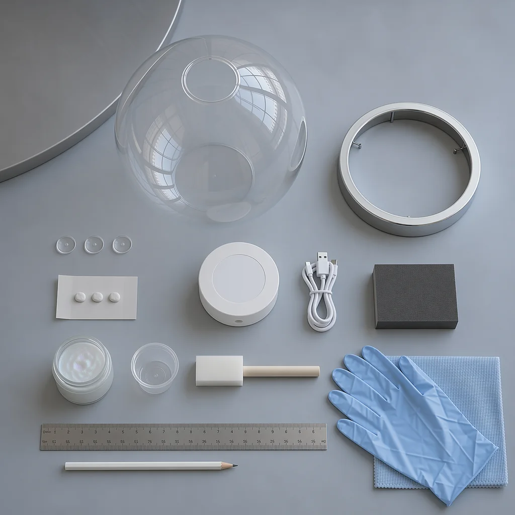 Materials for an opalescent orb lamp including an acrylic globe, chrome ring, rechargeable puck light, and pearl medium.