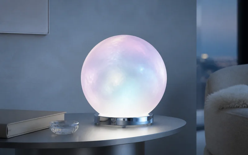 Finished cordless opalescent orb lamp glowing pearl, icy blue, and pale lavender on a chrome ring base.