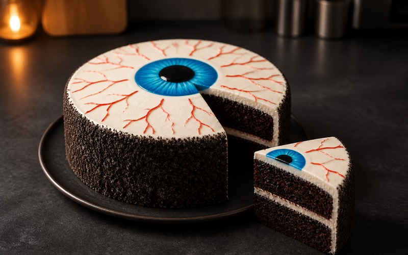 Oreo eyeball cake with red veins and a blue candy eye