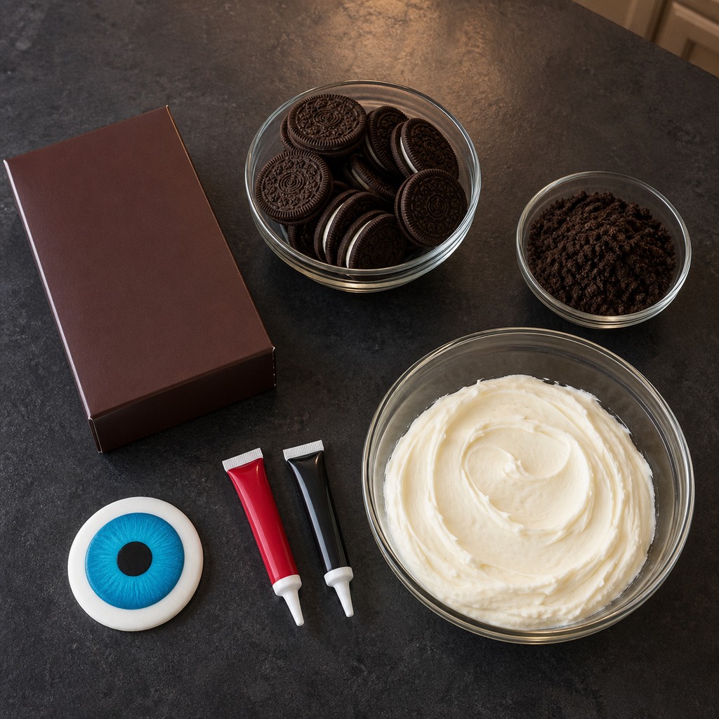 Ingredients for an Oreo eyeball cake arranged on a dark countertop