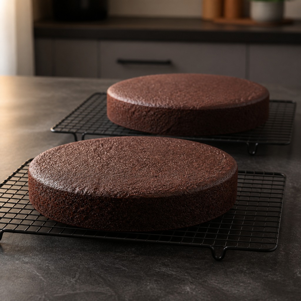Two round chocolate cake layers cooling on wire racks