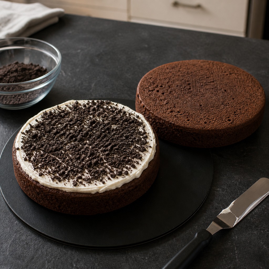 Chocolate cake layer topped with buttercream and crushed Oreo cookies