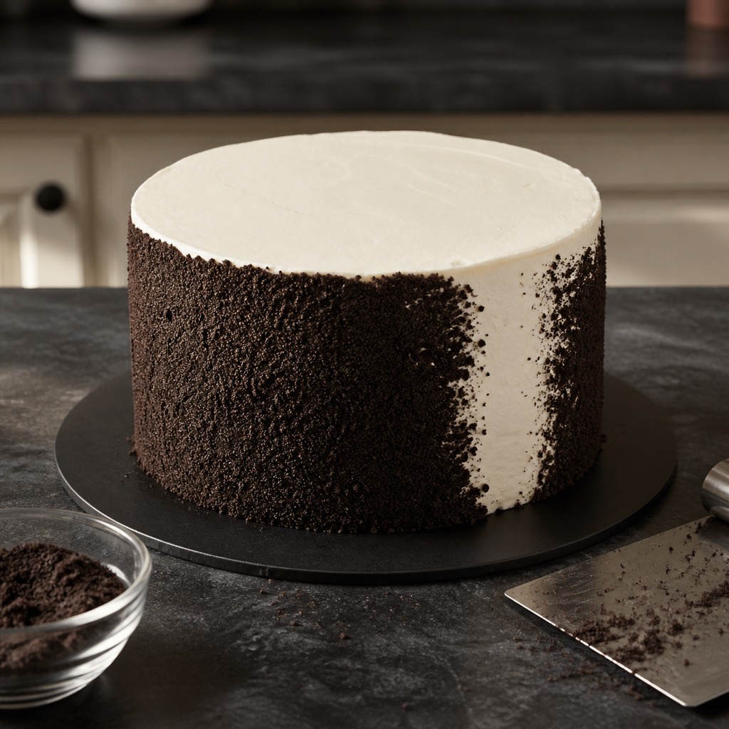 White frosted cake being coated with dark Oreo crumbs on the sides