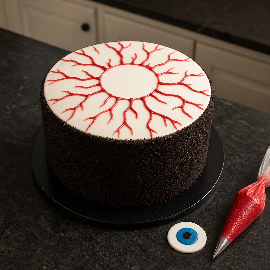 Red buttercream veins piped onto an Oreo crumb coated cake