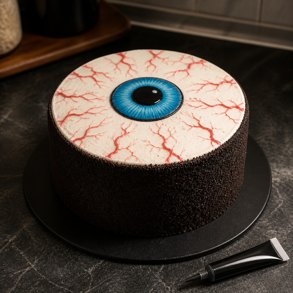 Finished Oreo eyeball cake with one blue candy eye