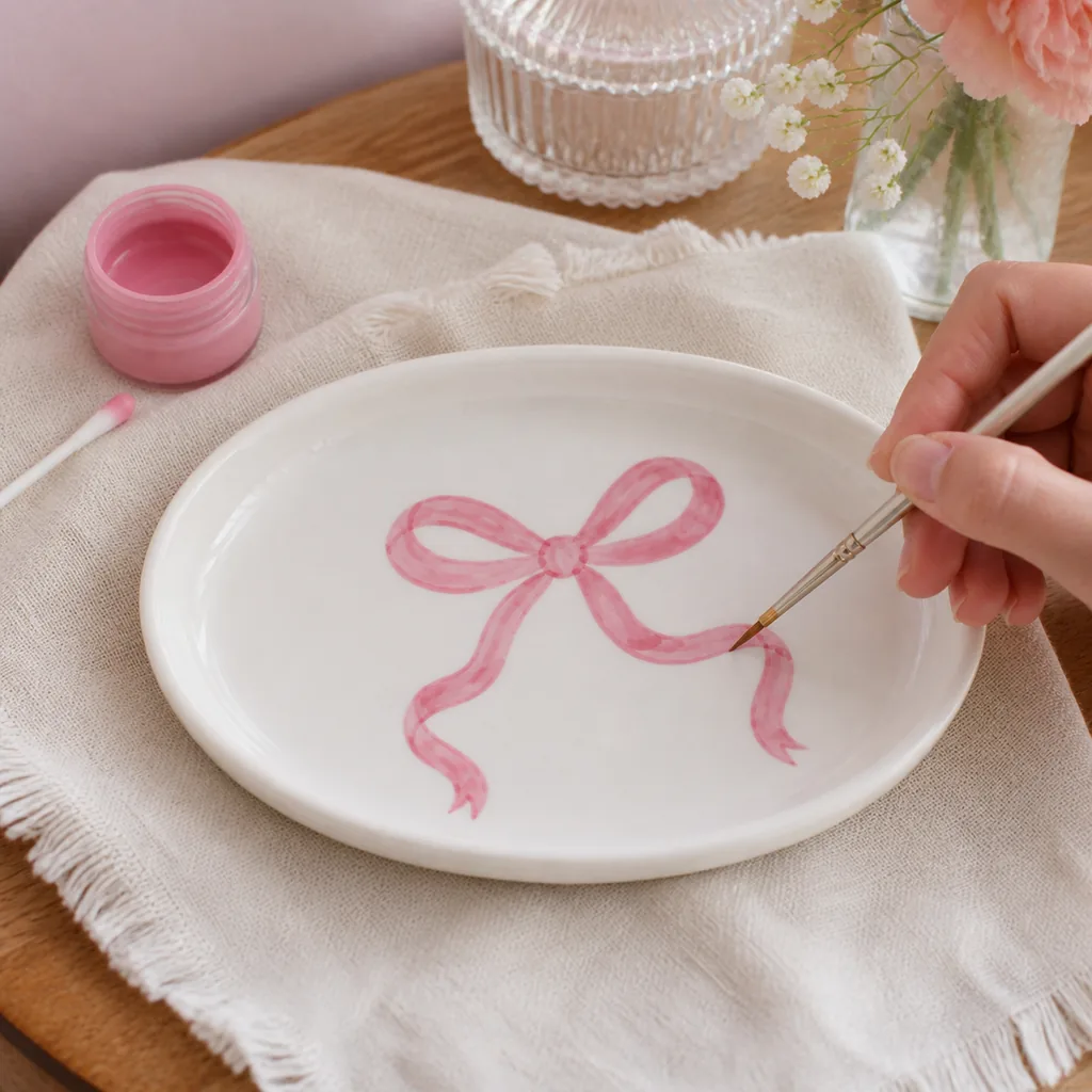 Dusty pink ceramic paint being brushed onto the painted bow detail of an oval white trinket dish.