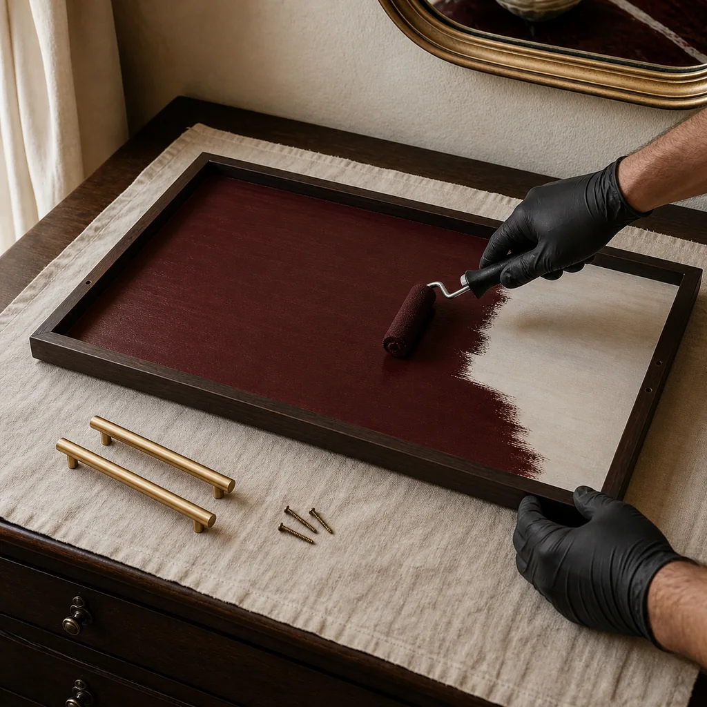 Oxblood paint applied with a foam roller inside an assembled dark walnut vanity tray.