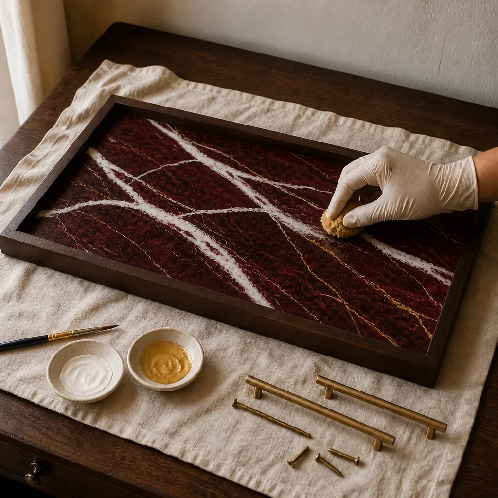 Organic ivory faux marble veins softened with a sea sponge over an oxblood tray base.