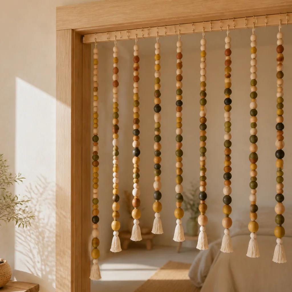 Close view of the finished painted wood bead curtain mounted across a pale oak doorway.