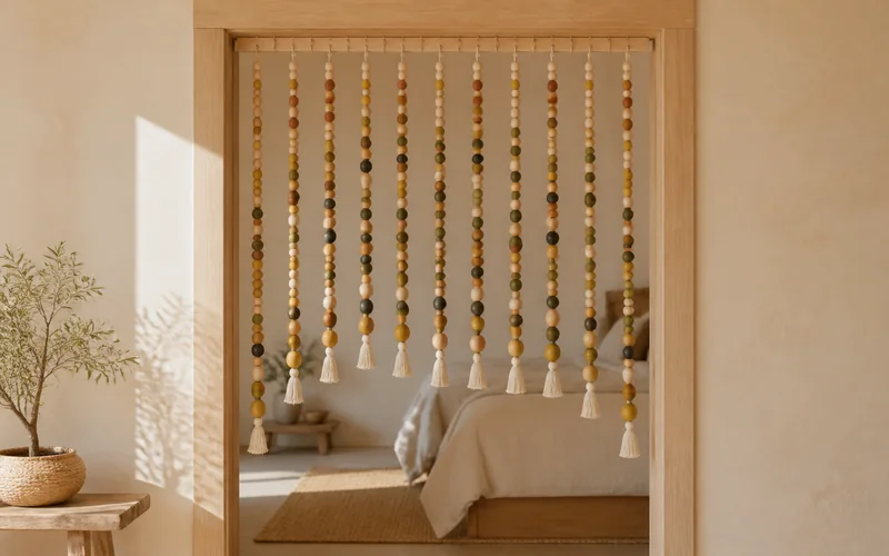 Finished painted wood bead door curtain with twelve strands in a warm boho bedroom doorway.