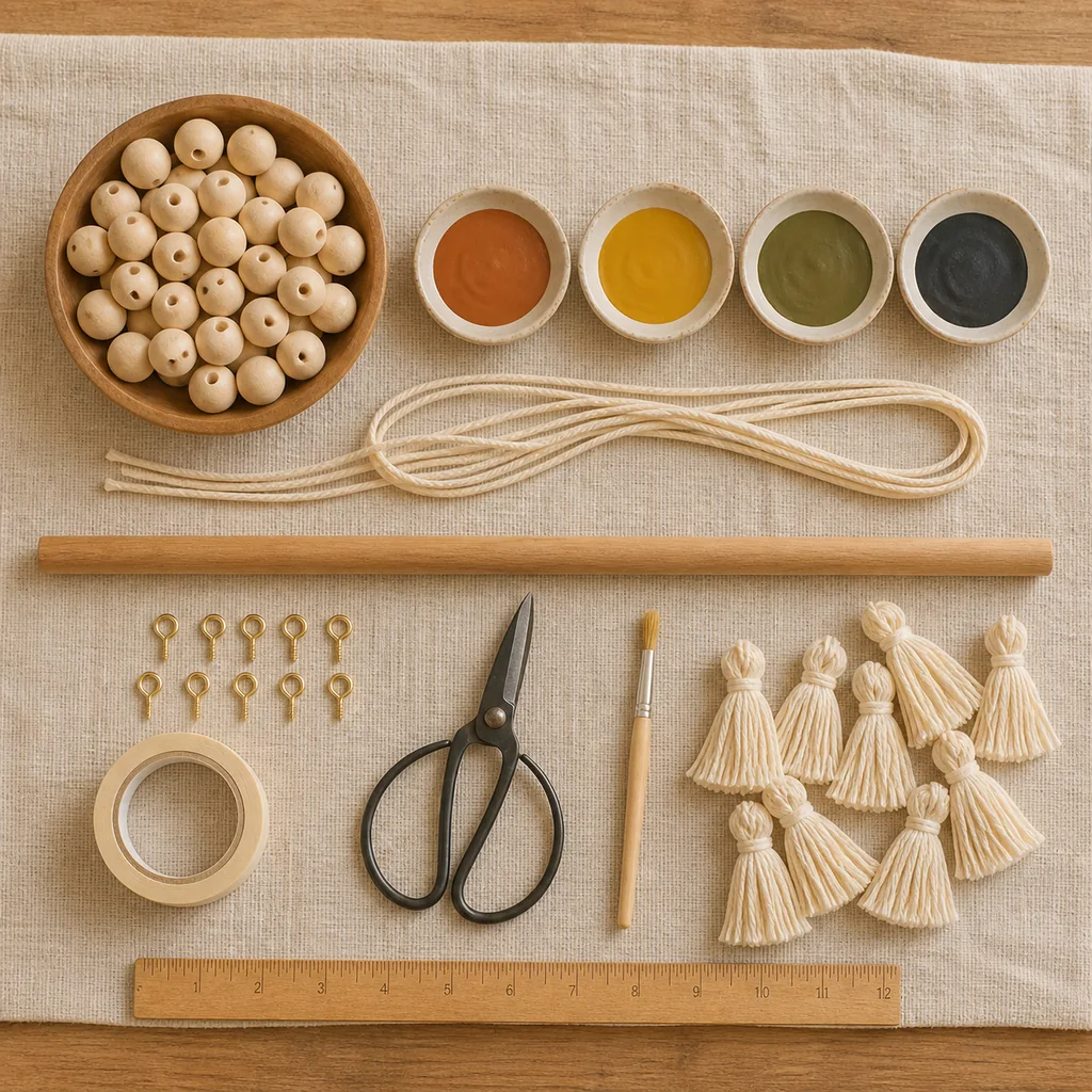Wood beads, cotton cord, oak dowel, screw eyes, tassels, paint, brush, ruler, tape, and scissors for a bead curtain.