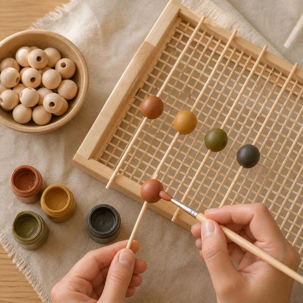 Wooden beads painted terracotta, mustard, olive, and charcoal on skewers over a drying rack.