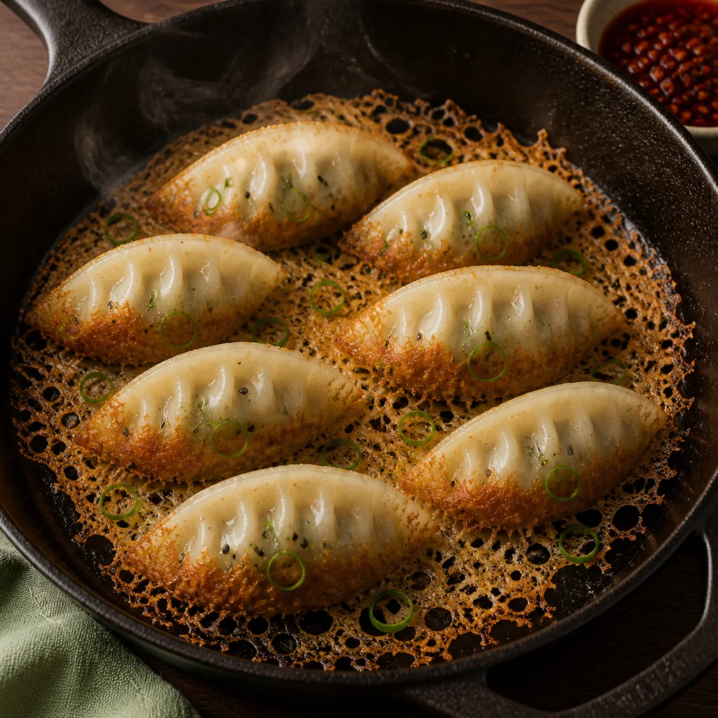 Cabbage dumplings with steamed tops and golden cornstarch lace crisping in a skillet.