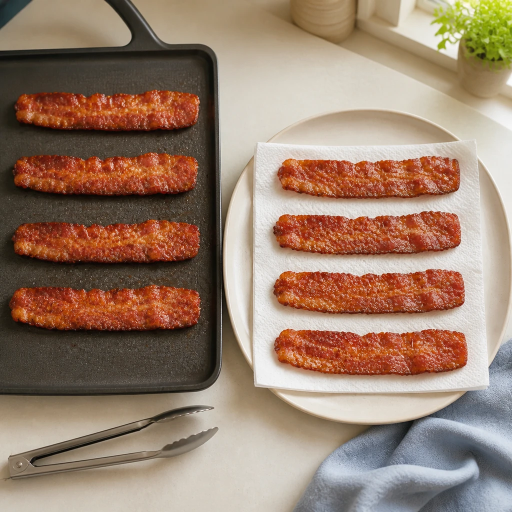 Eight cooked bacon strips draining before coating